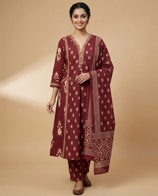 Maroon Cotton A-Line Suit with Floral Motif - Rangoli India