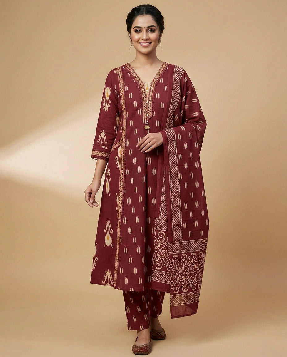 Maroon Cotton A-Line Suit with Floral Motif - Rangoli India