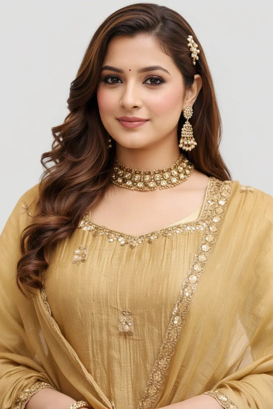 Mustard Tissue Embellished Palazzo Suit Set by Rangoli