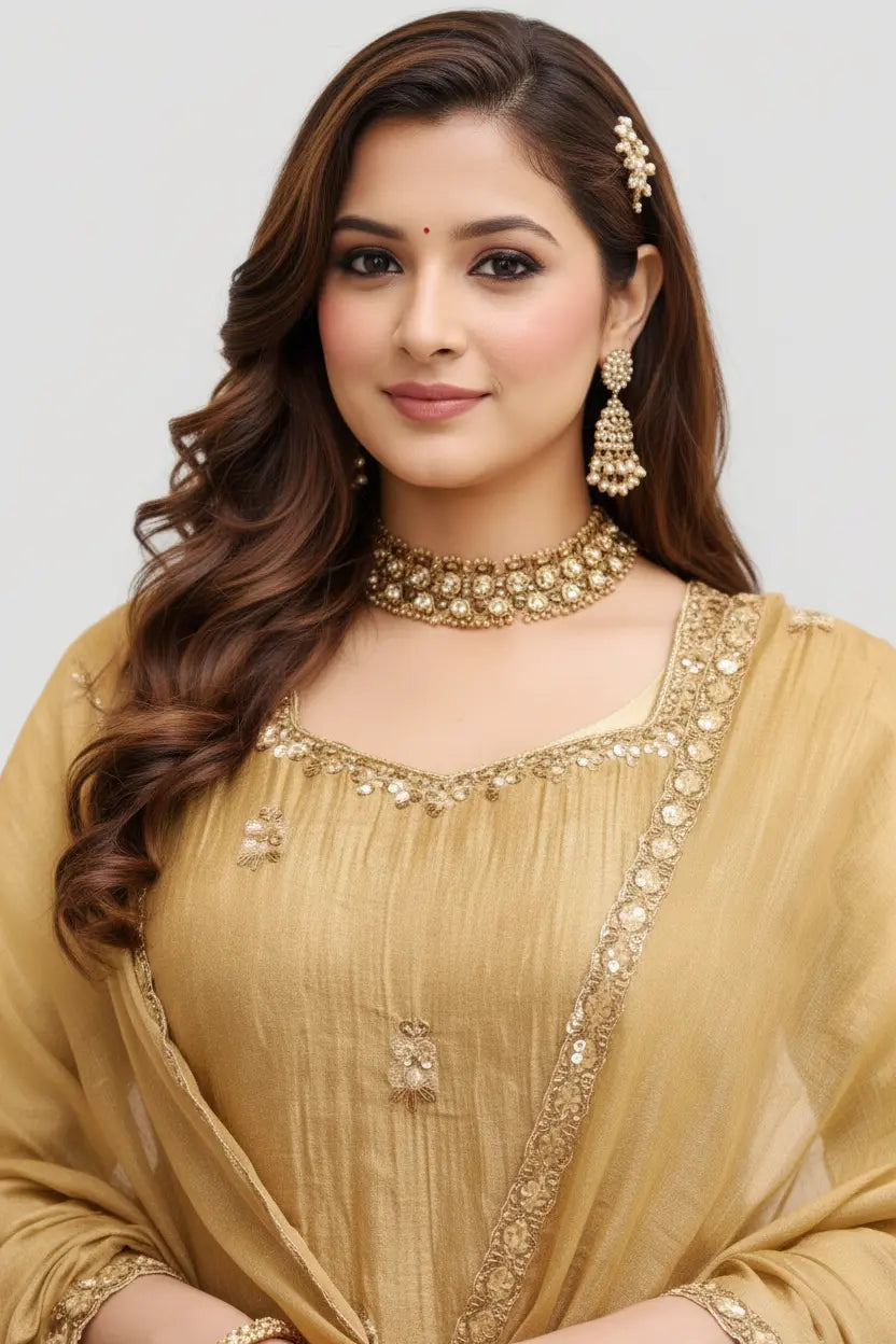 Mustard Tissue Embellished Palazzo Suit Set