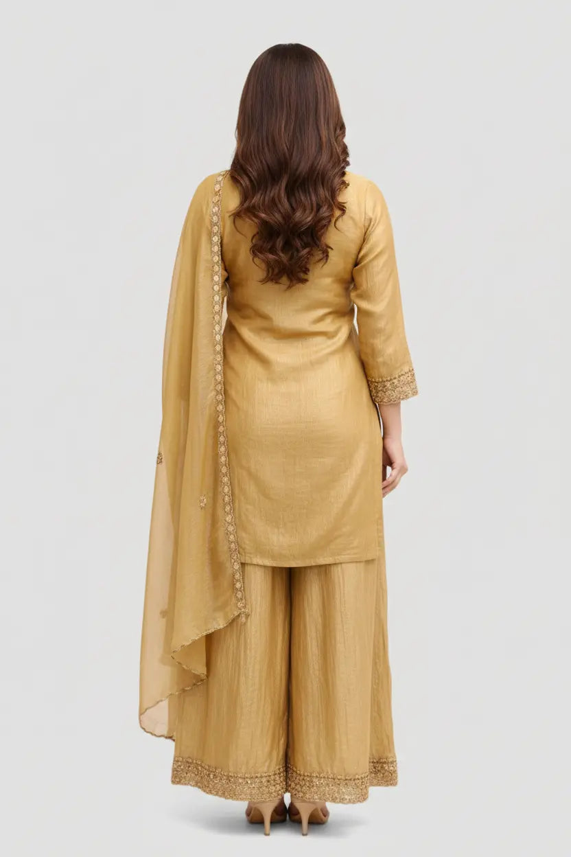Embellished Mustard Tissue Suit Palazzo Pants Set