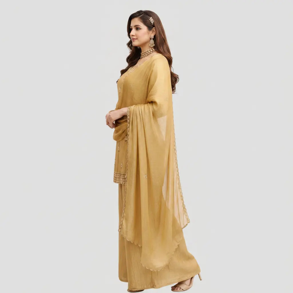 Mustard Tissue Embellished Palazzo Suit Set