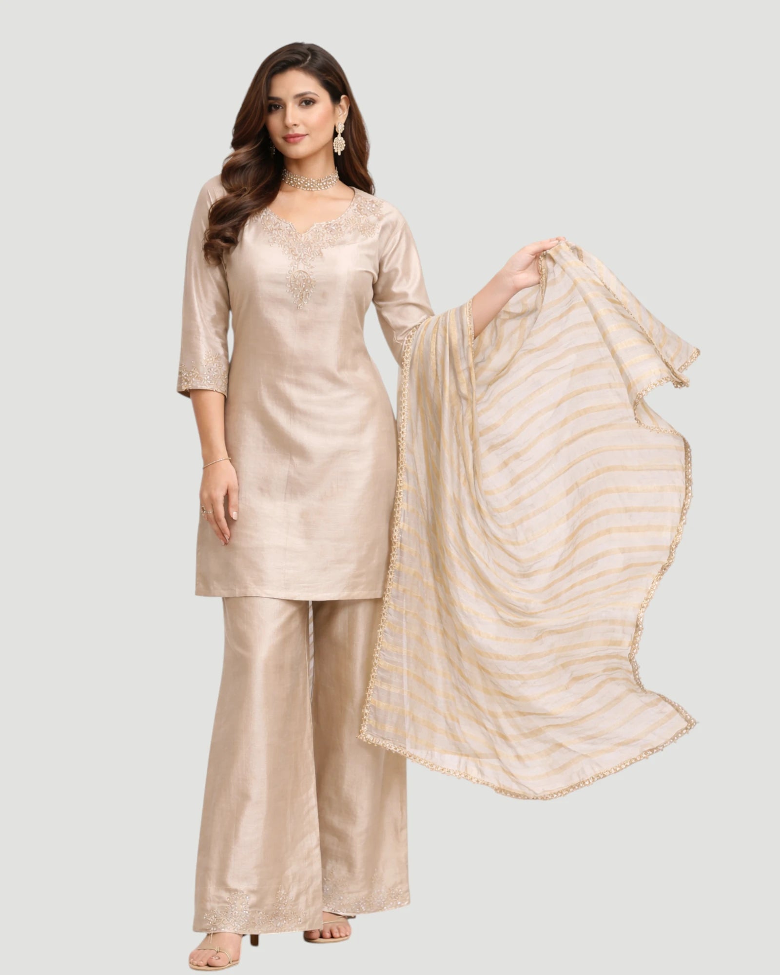Woman wearing a beige traditional outfit with a matching dupatta on a white background