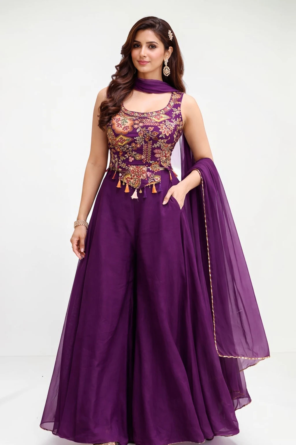 Woman wearing a purple traditional outfit with intricate designs on a white background