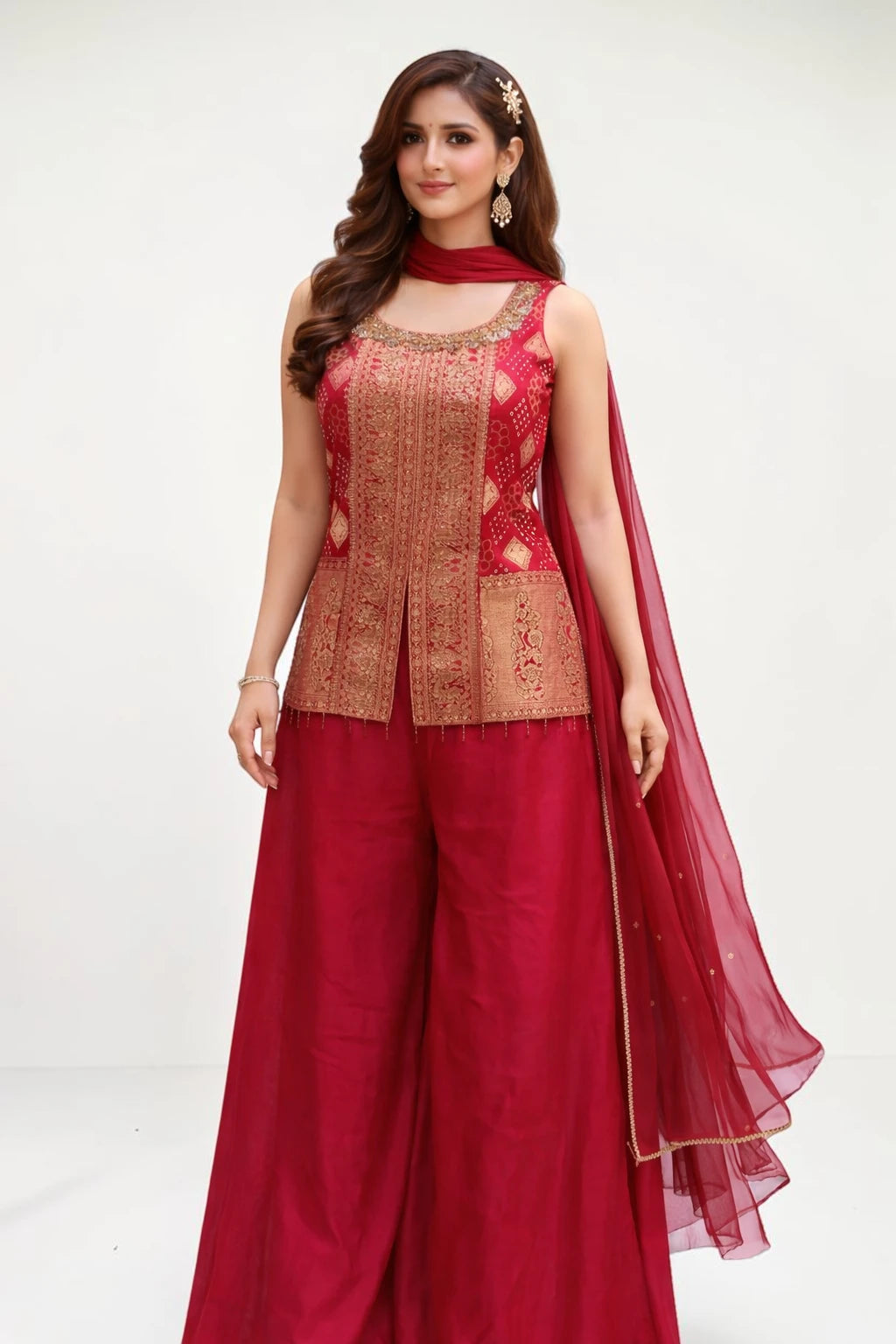 Woman wearing a red and gold traditional outfit with a dupatta on a white background