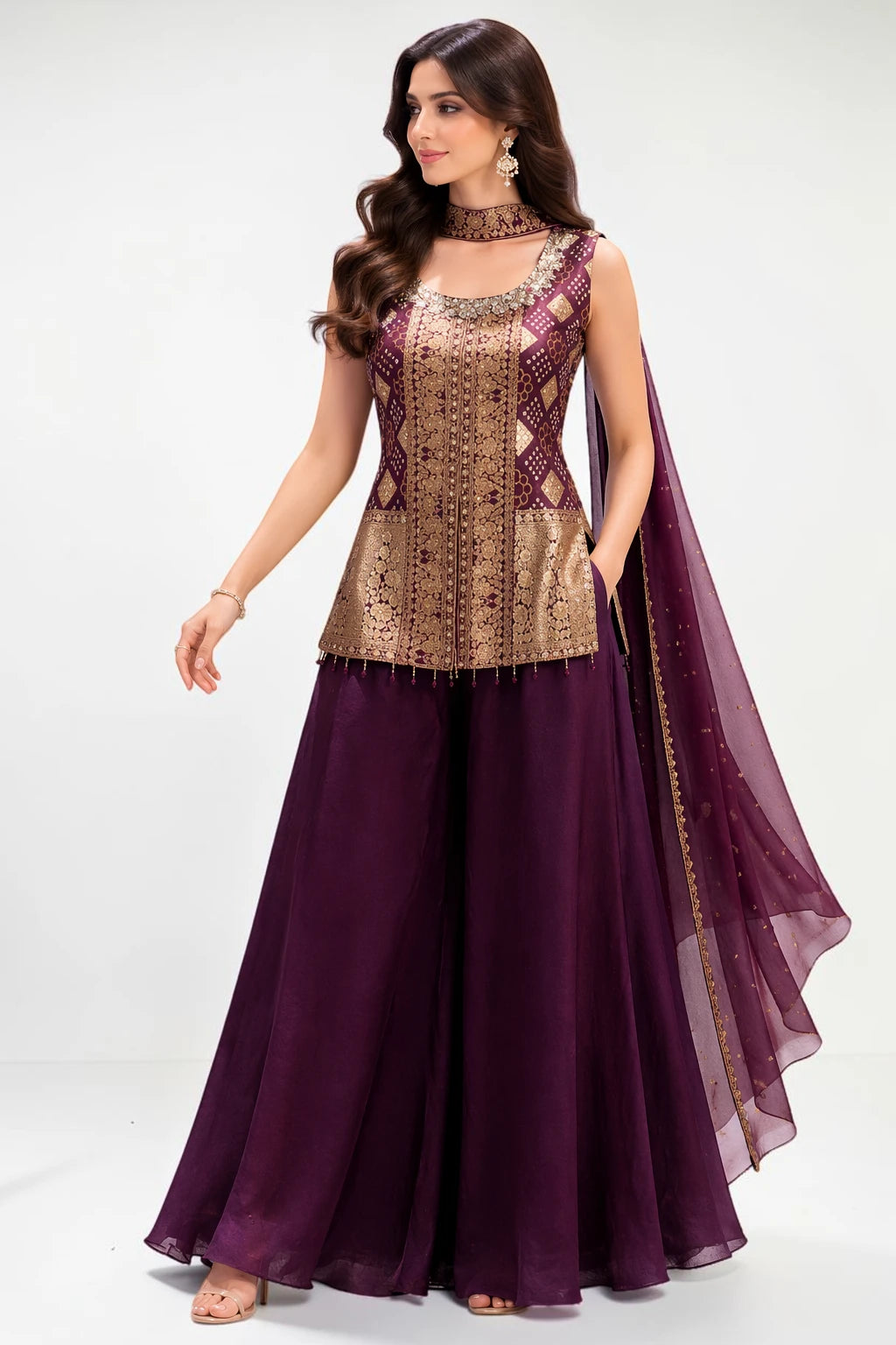 Woman wearing a traditional outfit with a purple skirt and gold top on a white background