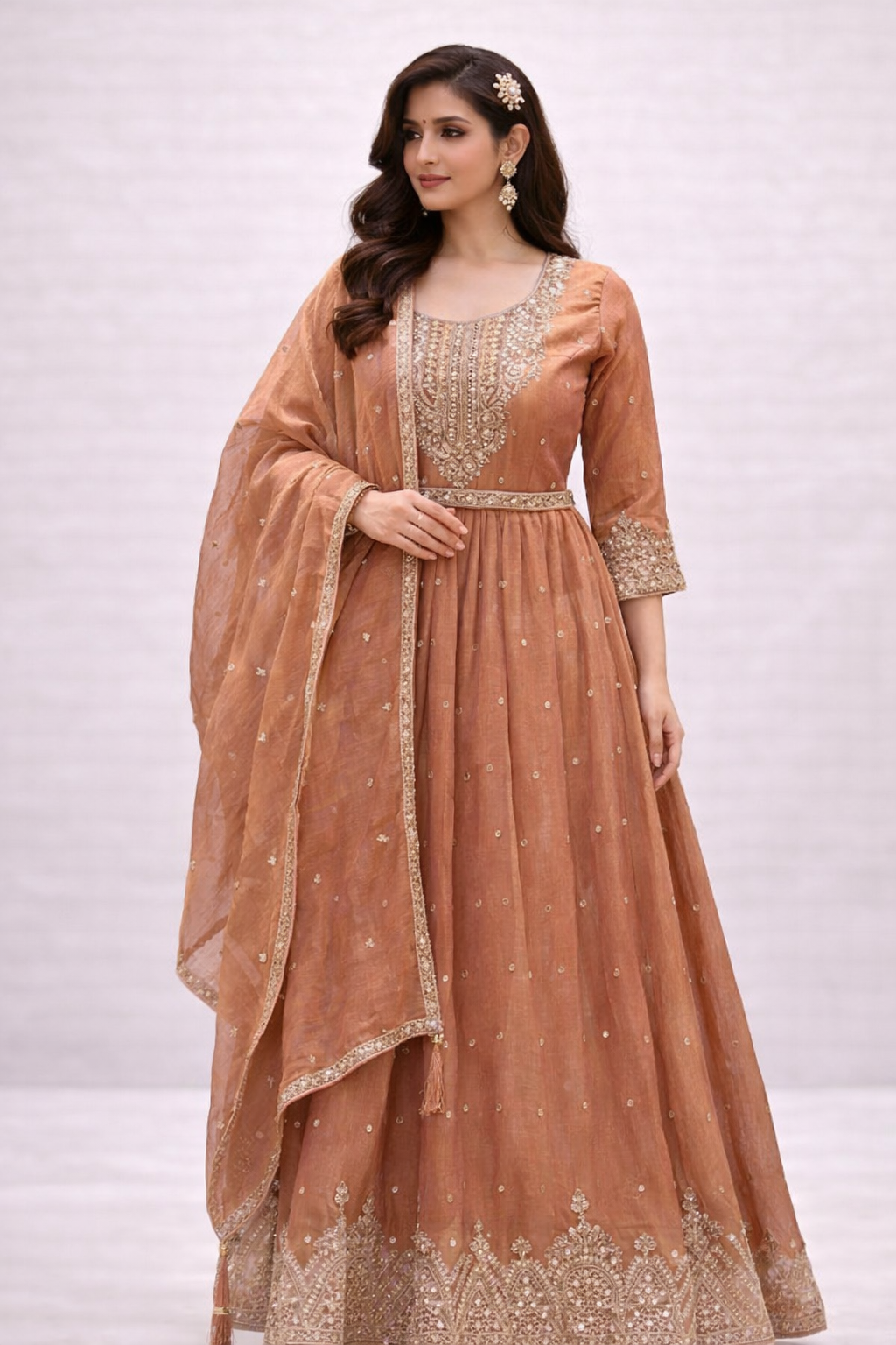 Mehendi & Onion Pink Embroidered Anarkali Set with Dupatta