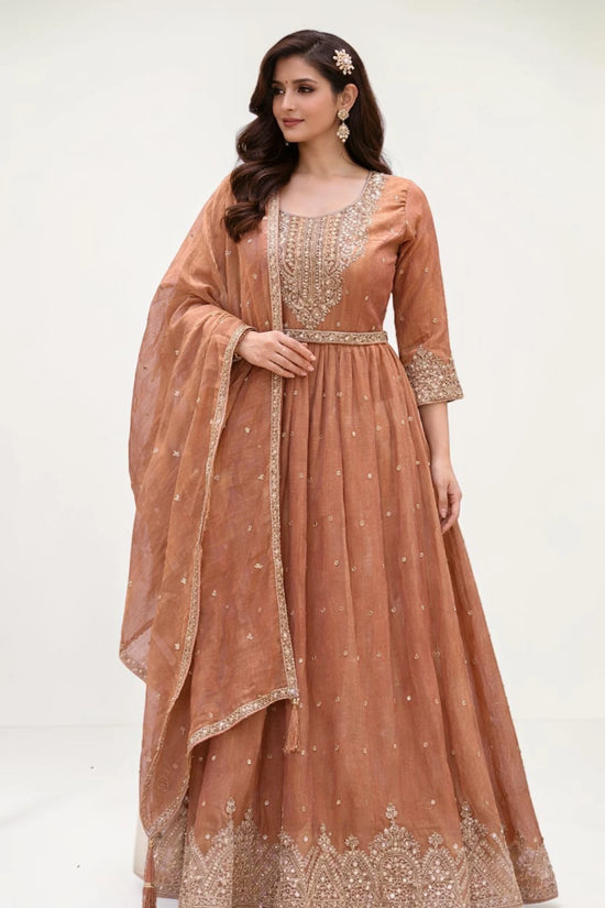 Pink Copper Rust Anarkali Set with Embroidered Dupatta - Rangoli India