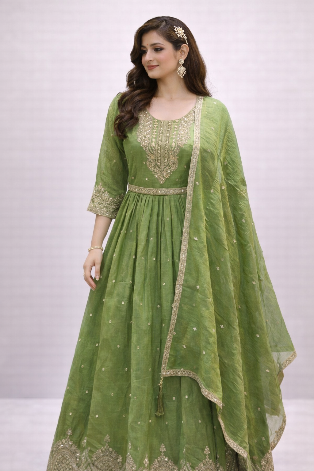Mehendi & Onion Pink Embroidered Anarkali Set with Dupatta