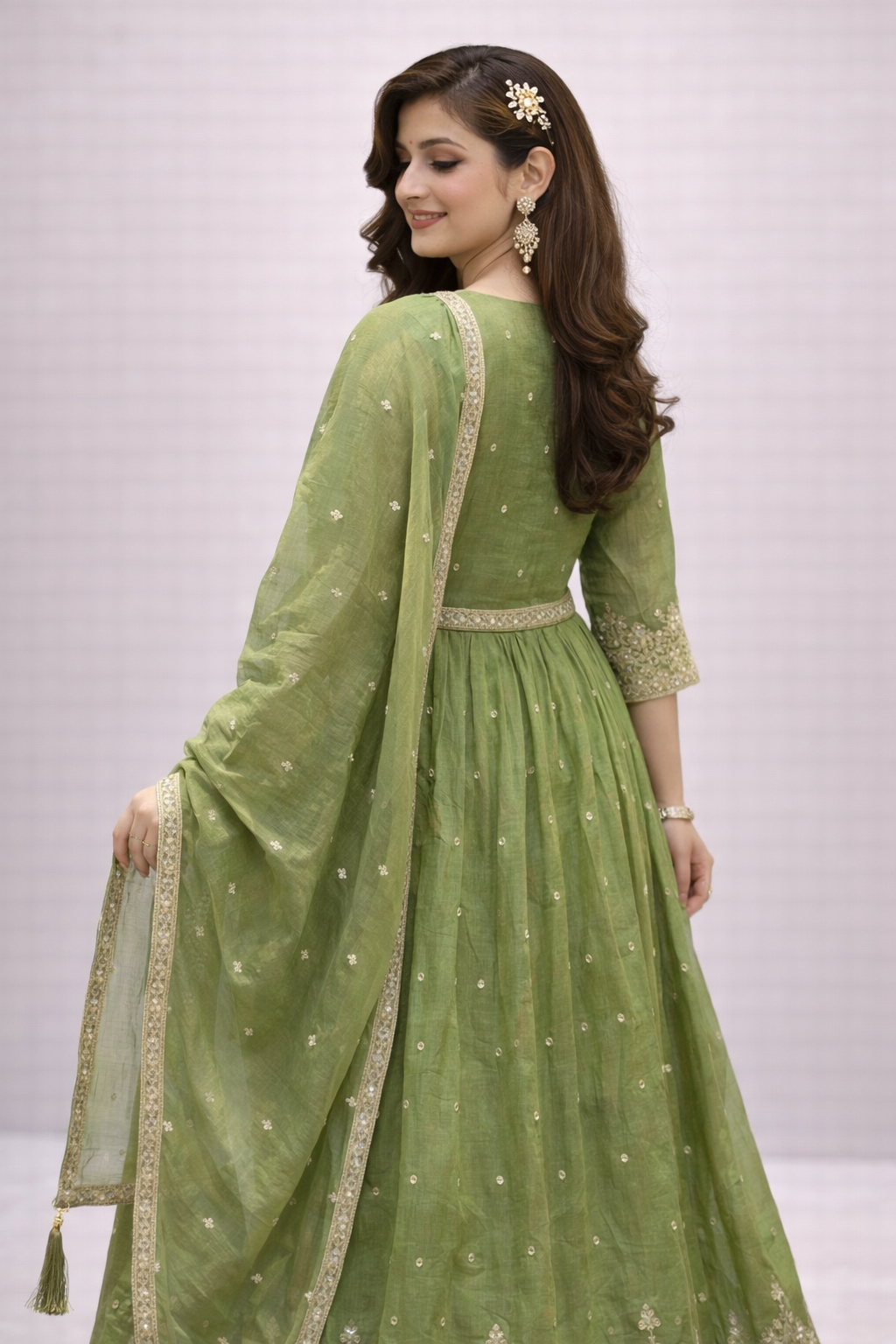 Mehendi & Onion Pink Embroidered Anarkali Set with Dupatta
