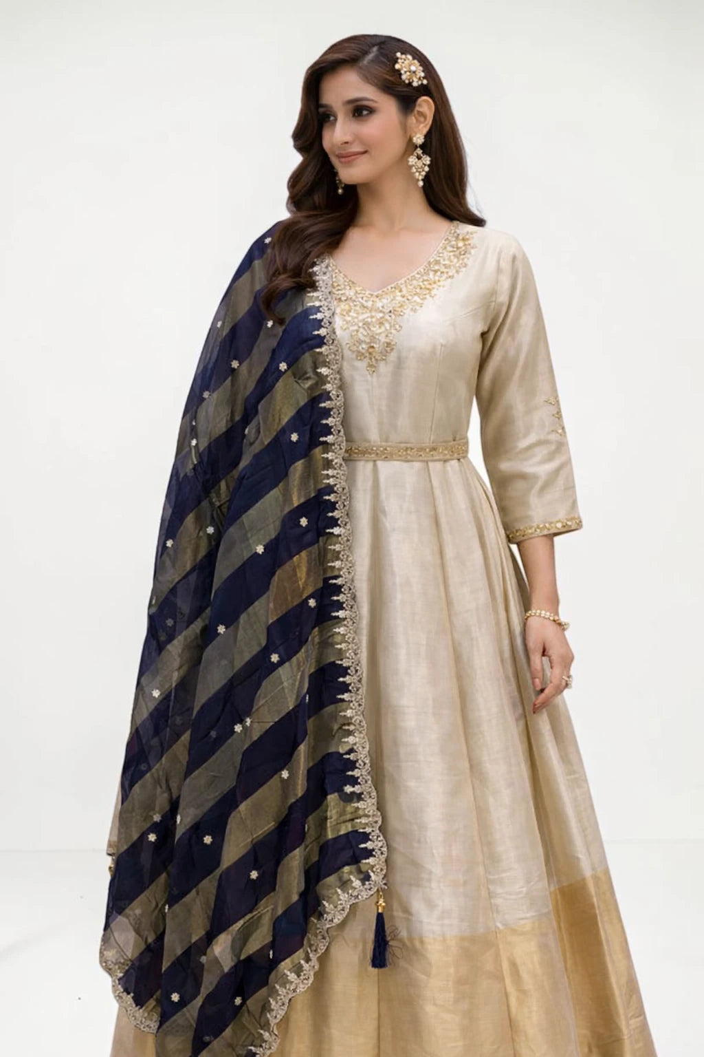 Woman wearing a beige traditional outfit with a matching dupatta on a white background