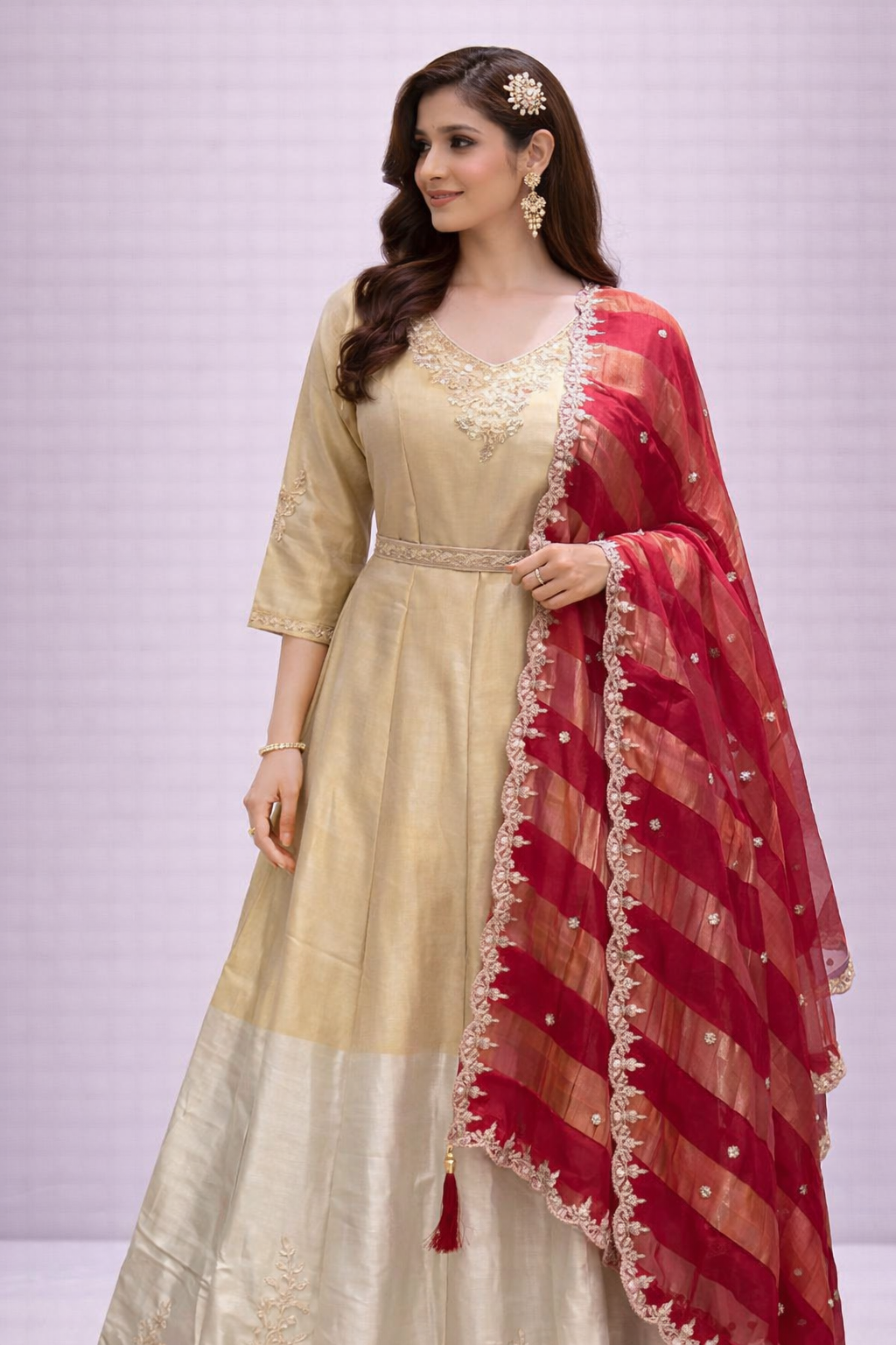 Regal Gold Embroidered Anarkali with Wine & Blue Banarasi Dupatta