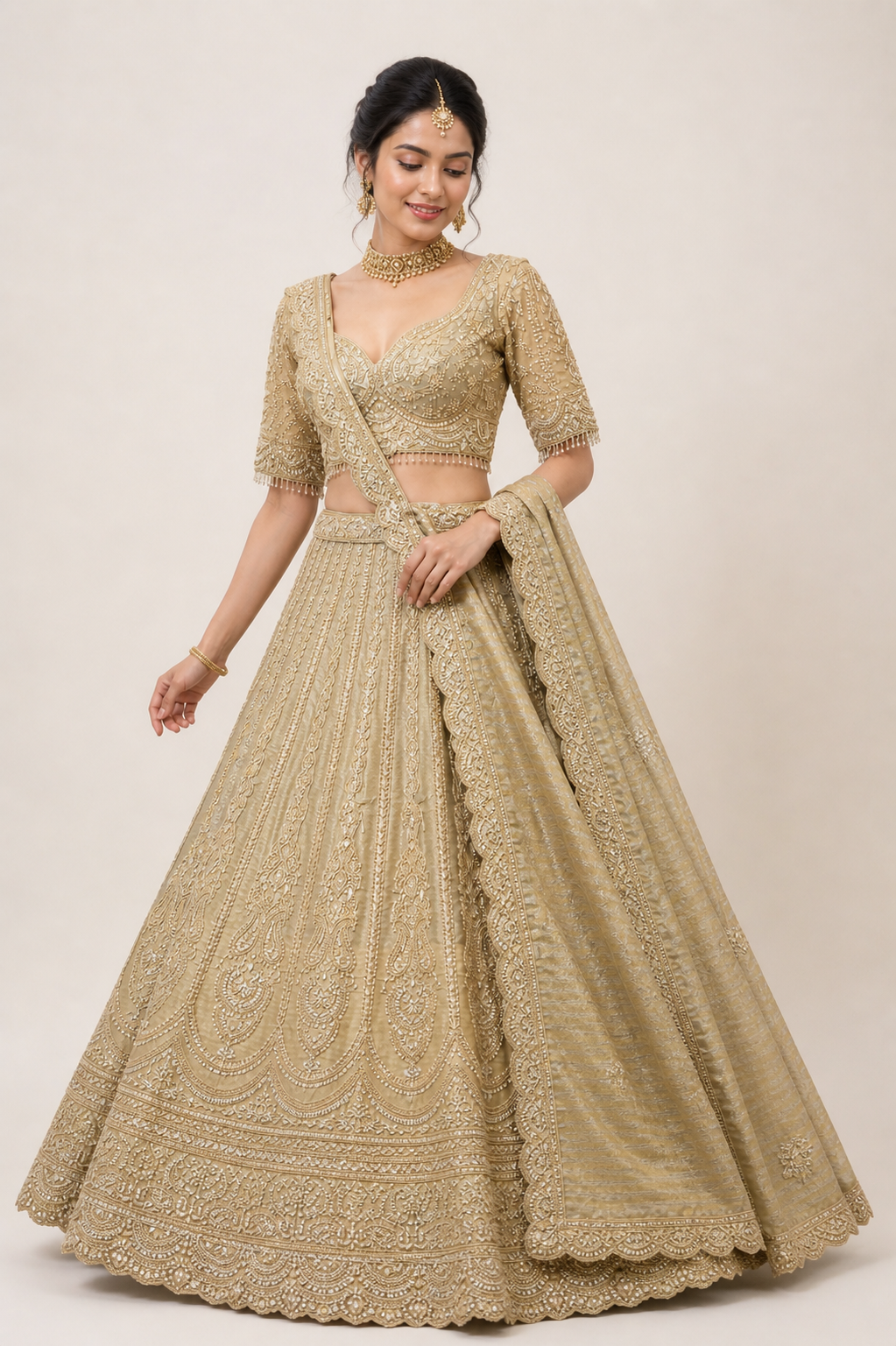 Luxury Gold Embroidered Lehenga Set for Wedding & Festive Wear