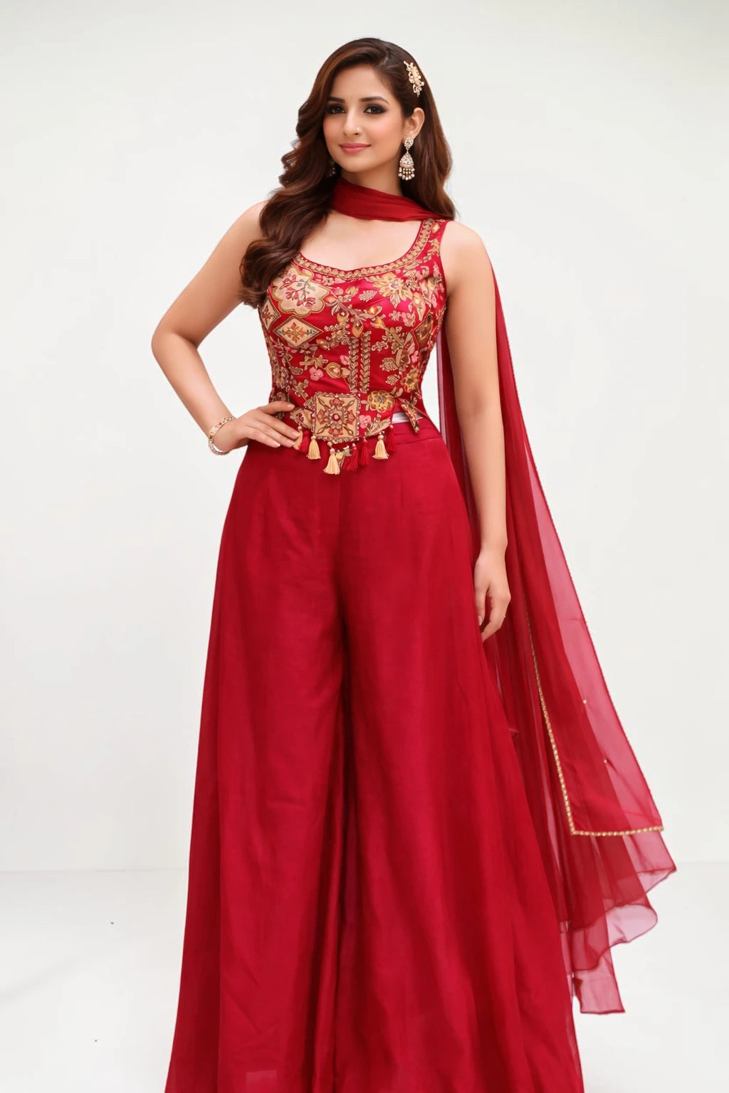 Woman wearing a red traditional outfit with gold embroidery on a white background