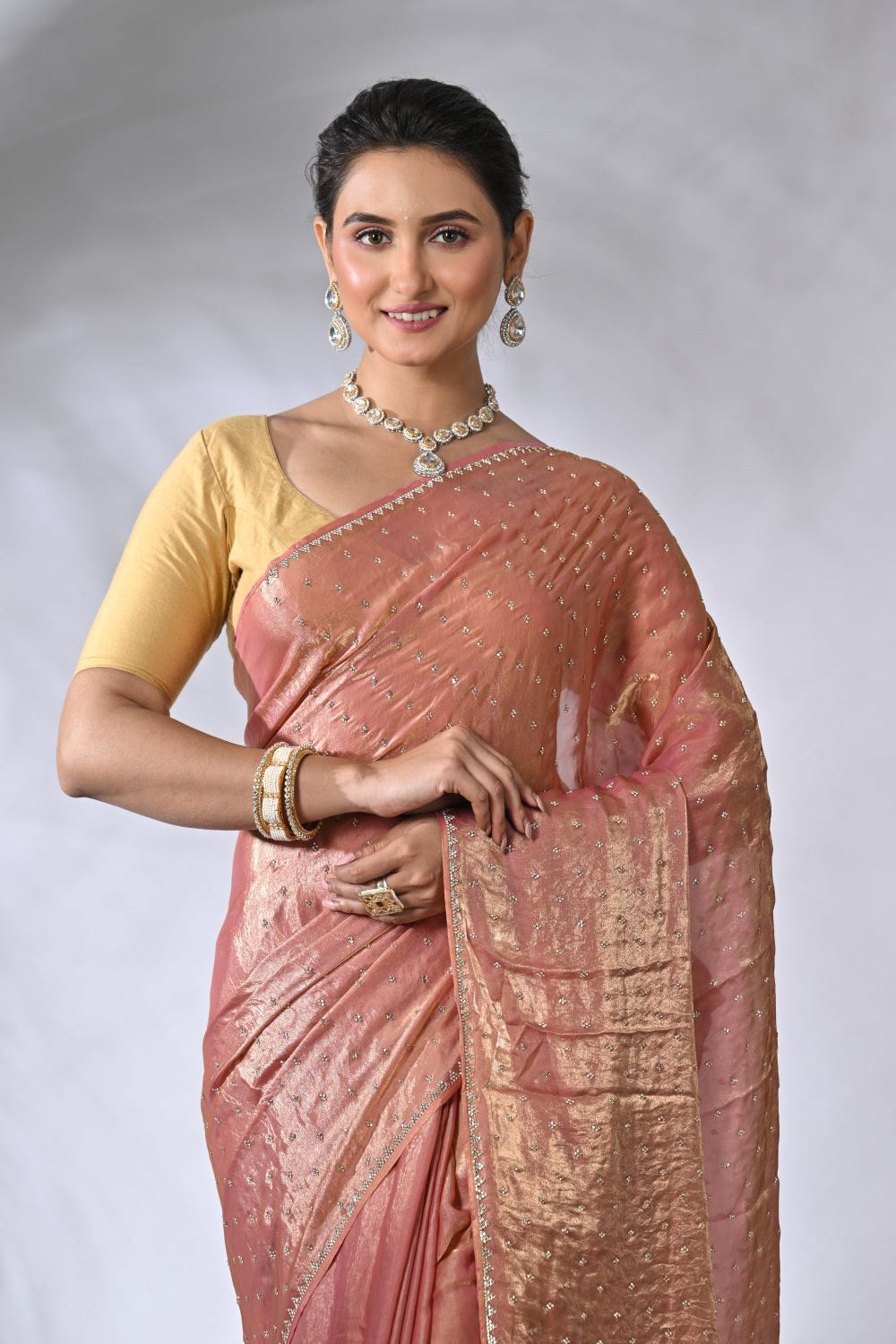 Mauvish Pink Organza and Tissue Embroidery Tissue Saree