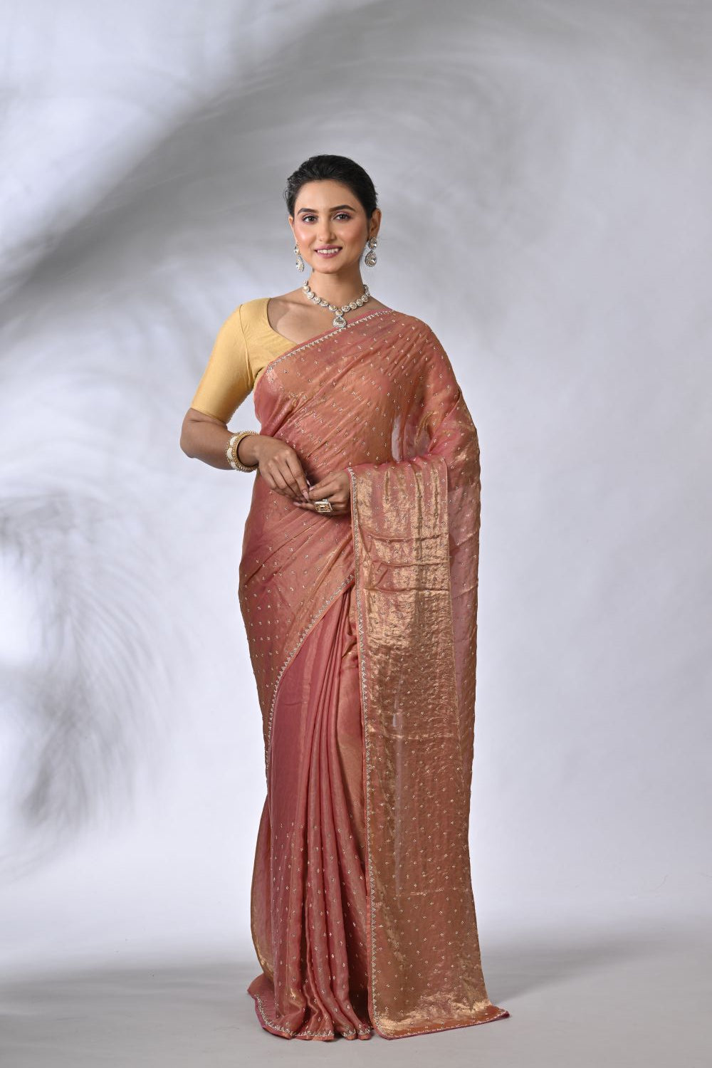 Mauvish Pink Organza and Tissue Embroidery Tissue Saree