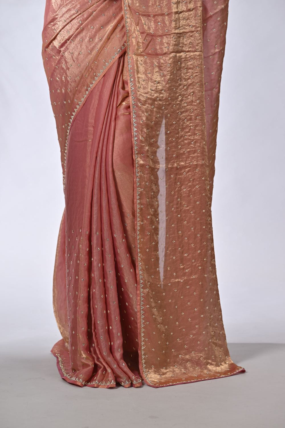 Mauvish Pink Organza and Tissue Embroidery Tissue Saree