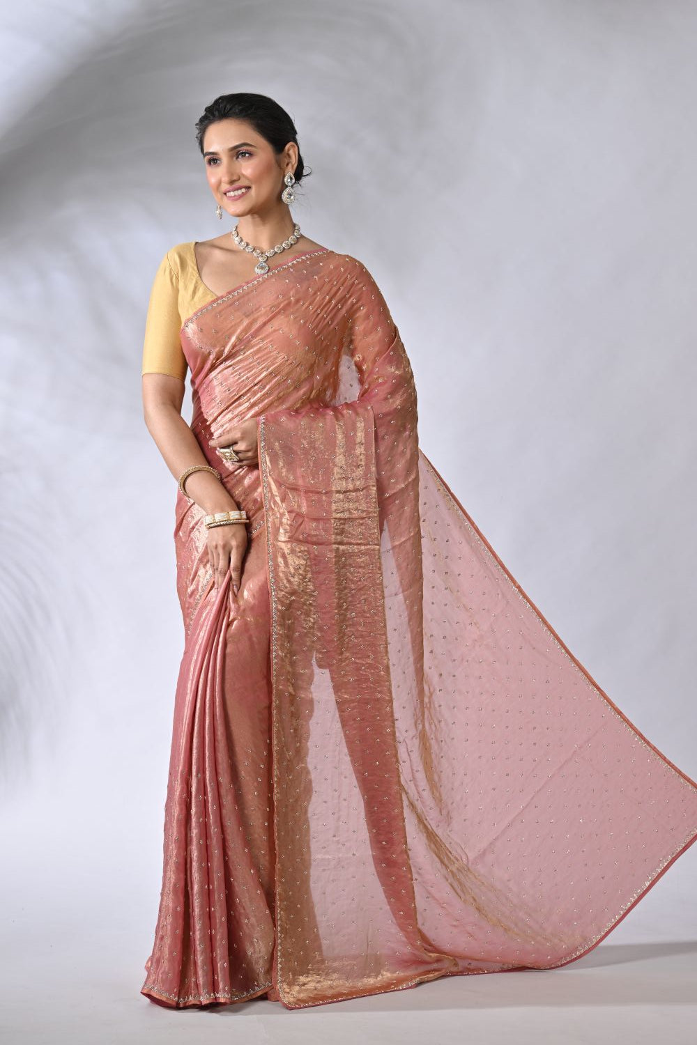 Mauvish Pink Organza and Tissue Embroidery Tissue Saree