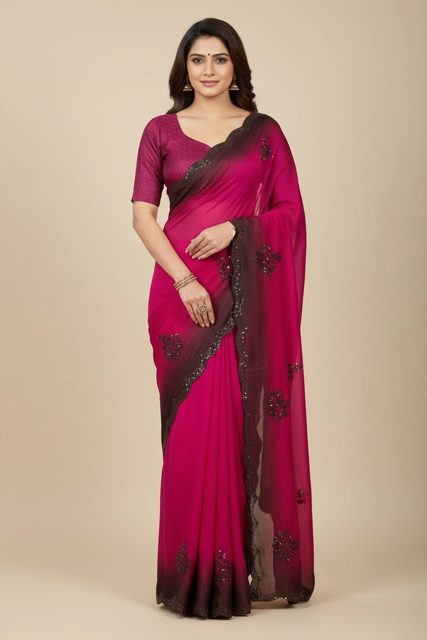 Handcrafted Fandy Satin Embroidery Saree - Rangoli Sarees