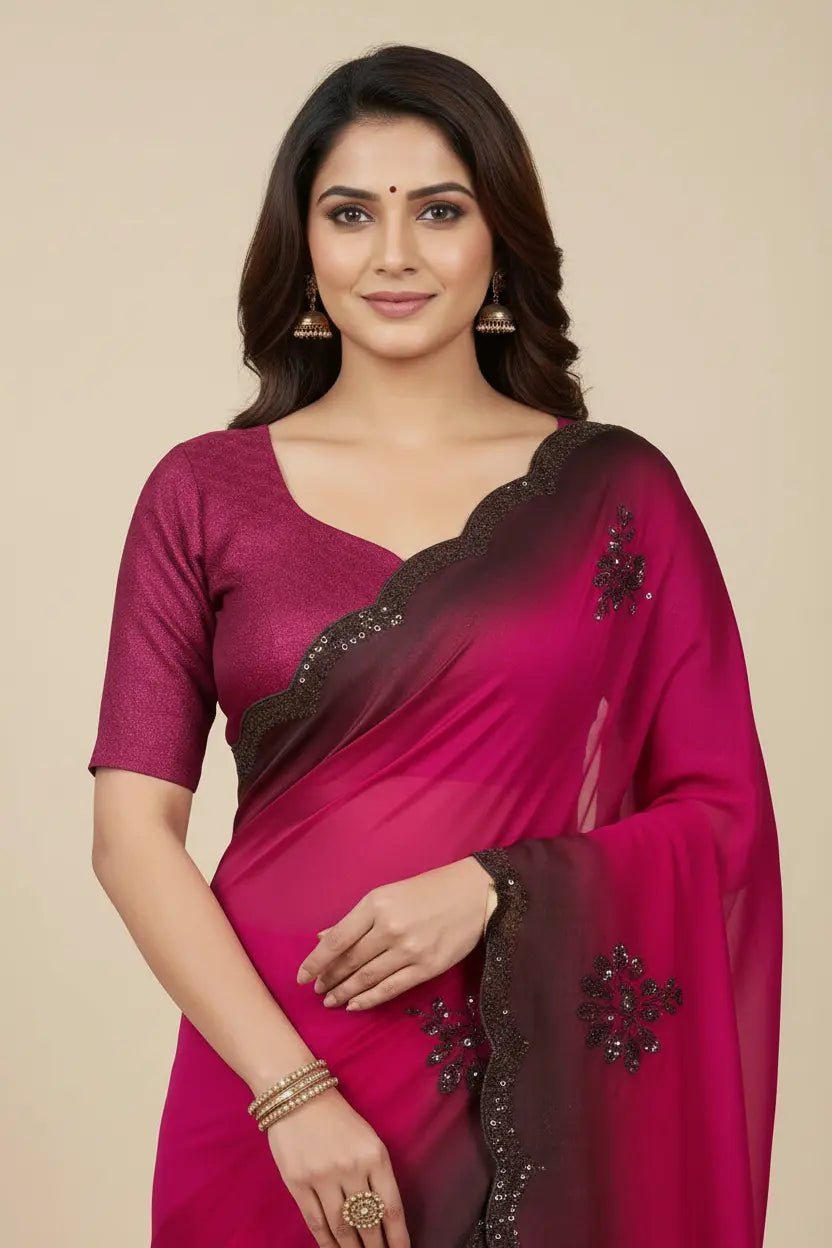 Woman wearing a pink saree with black border on a beige background