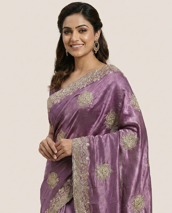 Chinon Embroidered Saree with Sequin and Floral Work - Rangoli India