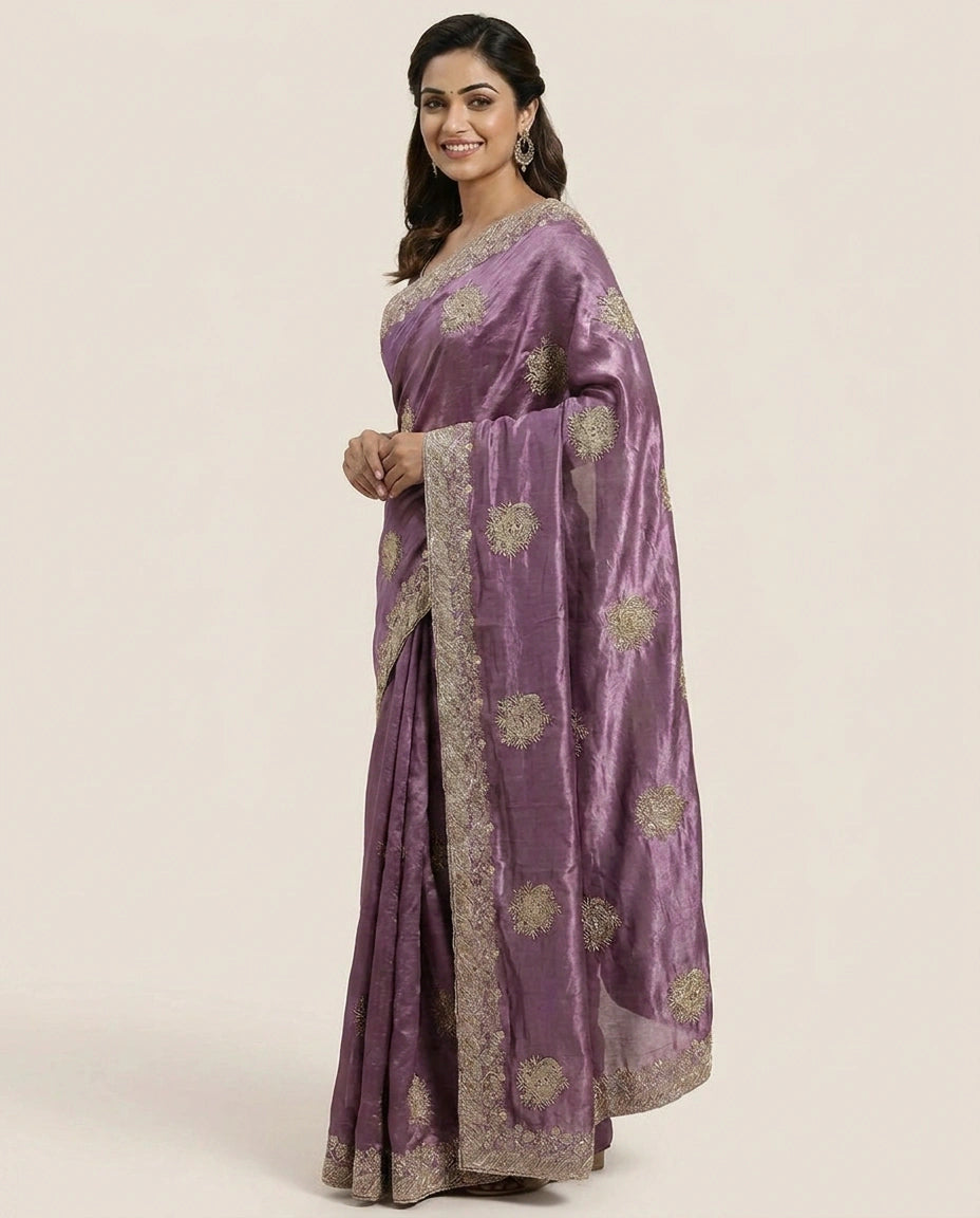 Chinon Embroidered Saree with Sequin and Floral Work - Rangoli India