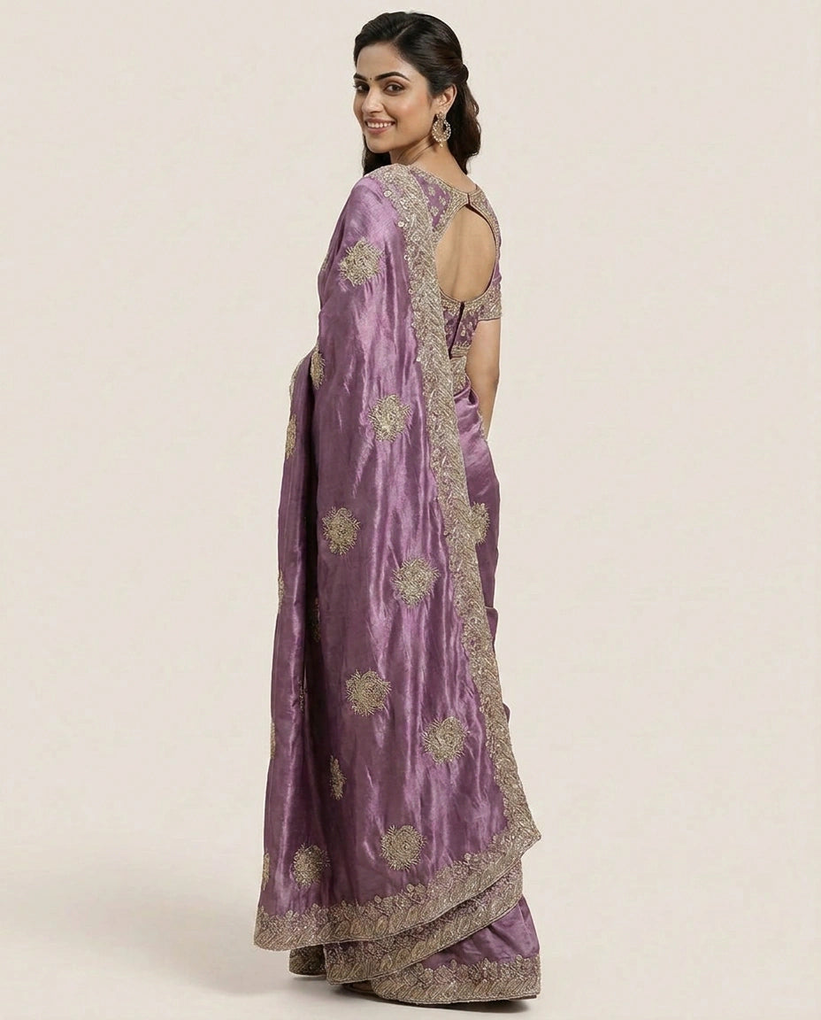 Chinon Embroidered Saree with Sequin and Floral Work - Rangoli India