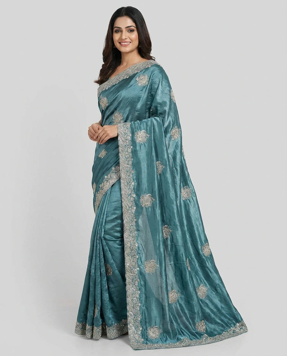 Chinon Embroidered Saree with Sequin and Floral Work - Rangoli India
