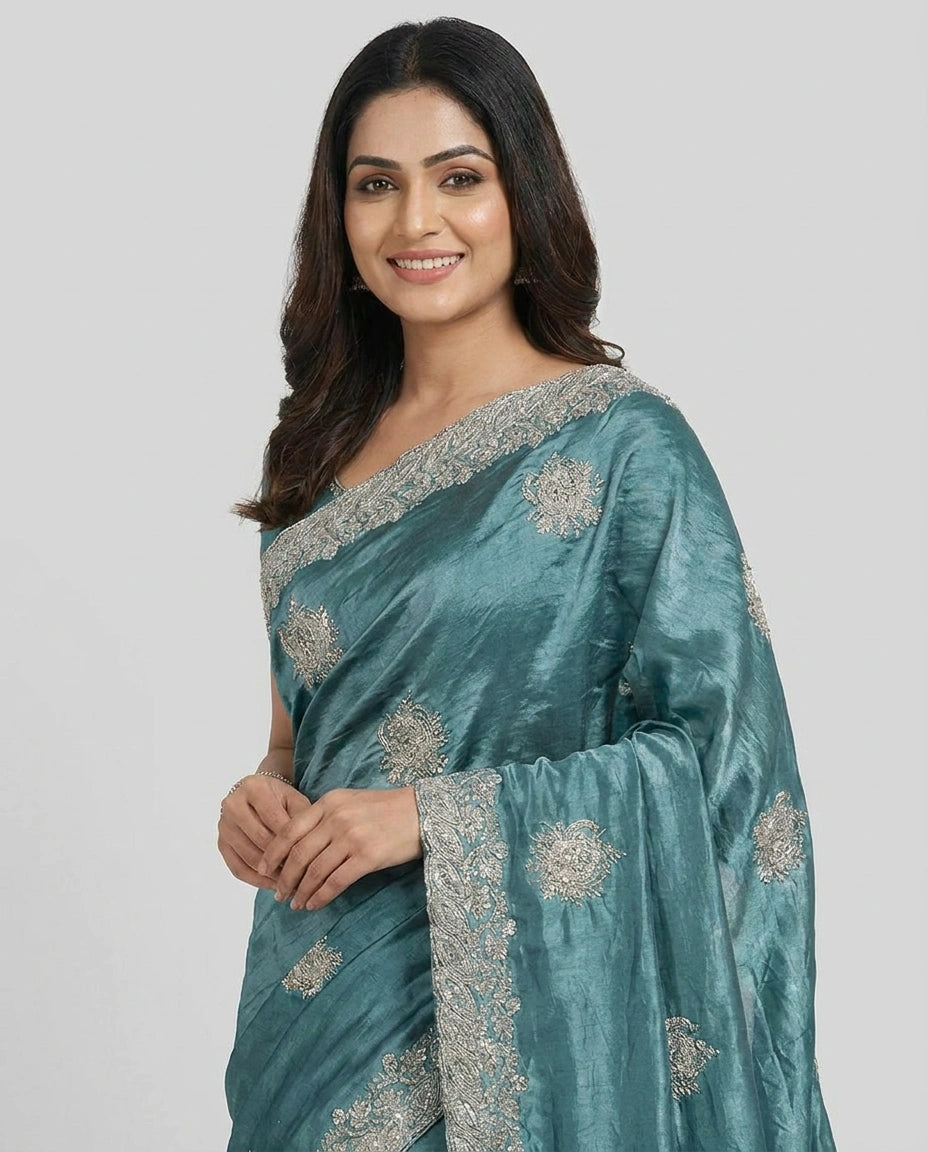Chinon Embroidered Saree with Sequin and Floral Work - Rangoli India