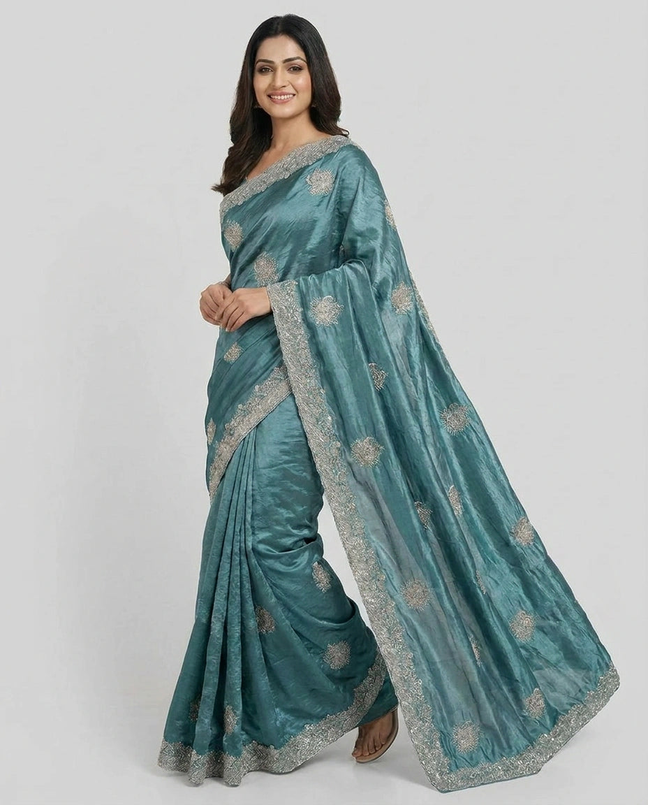 Chinon Embroidered Saree with Sequin and Floral Work - Rangoli India