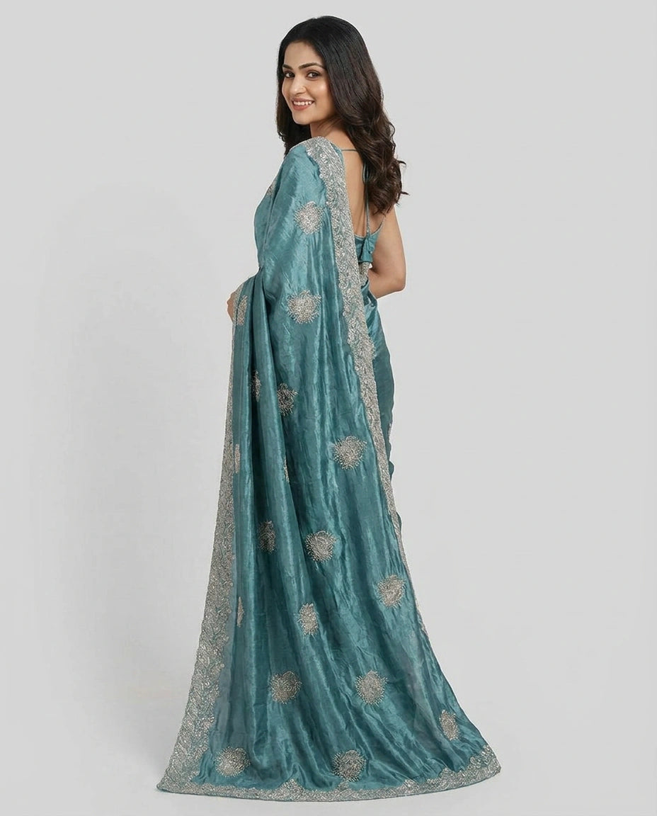 Chinon Embroidered Saree with Sequin and Floral Work - Rangoli India