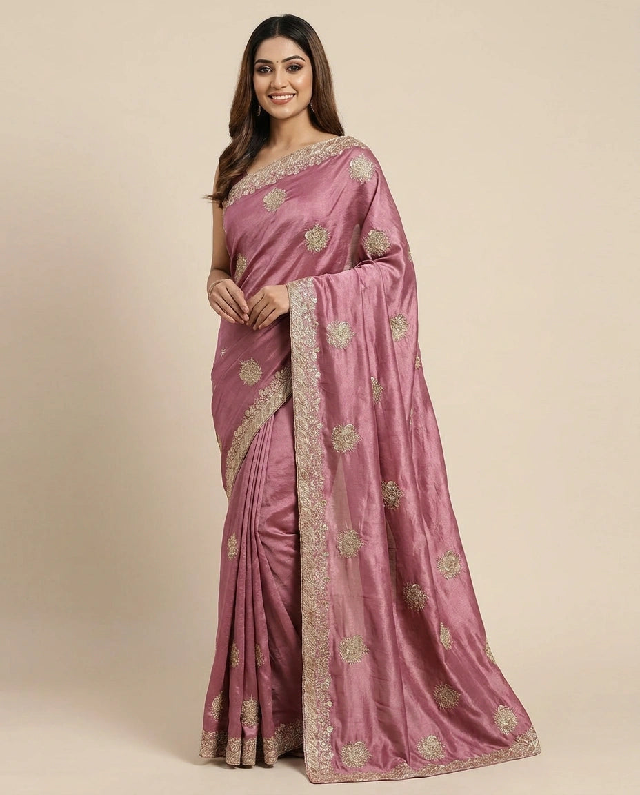 Chinon Embroidered Saree with Sequin and Floral Work - Rangoli India
