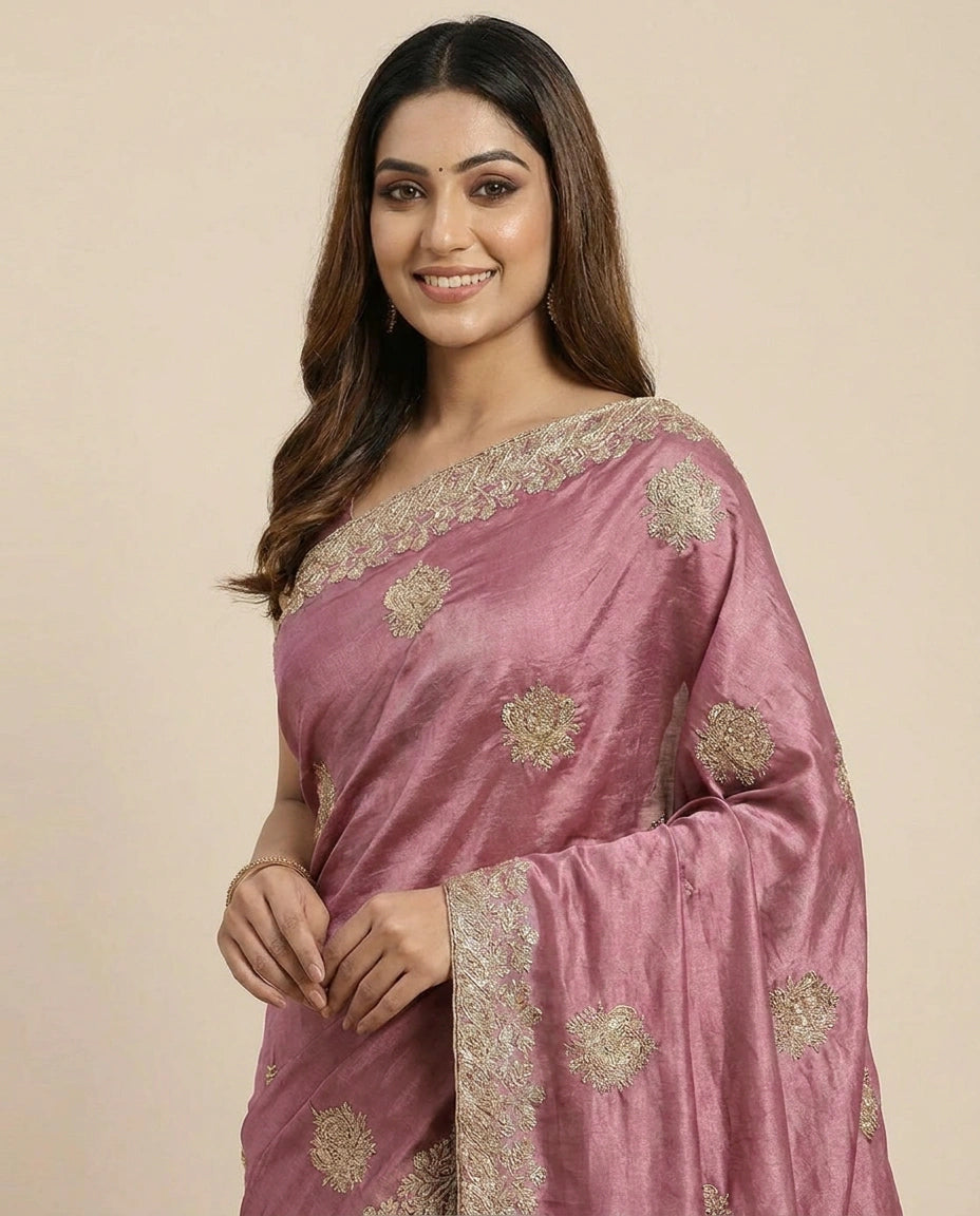 Chinon Embroidered Saree with Sequin and Floral Work - Rangoli India
