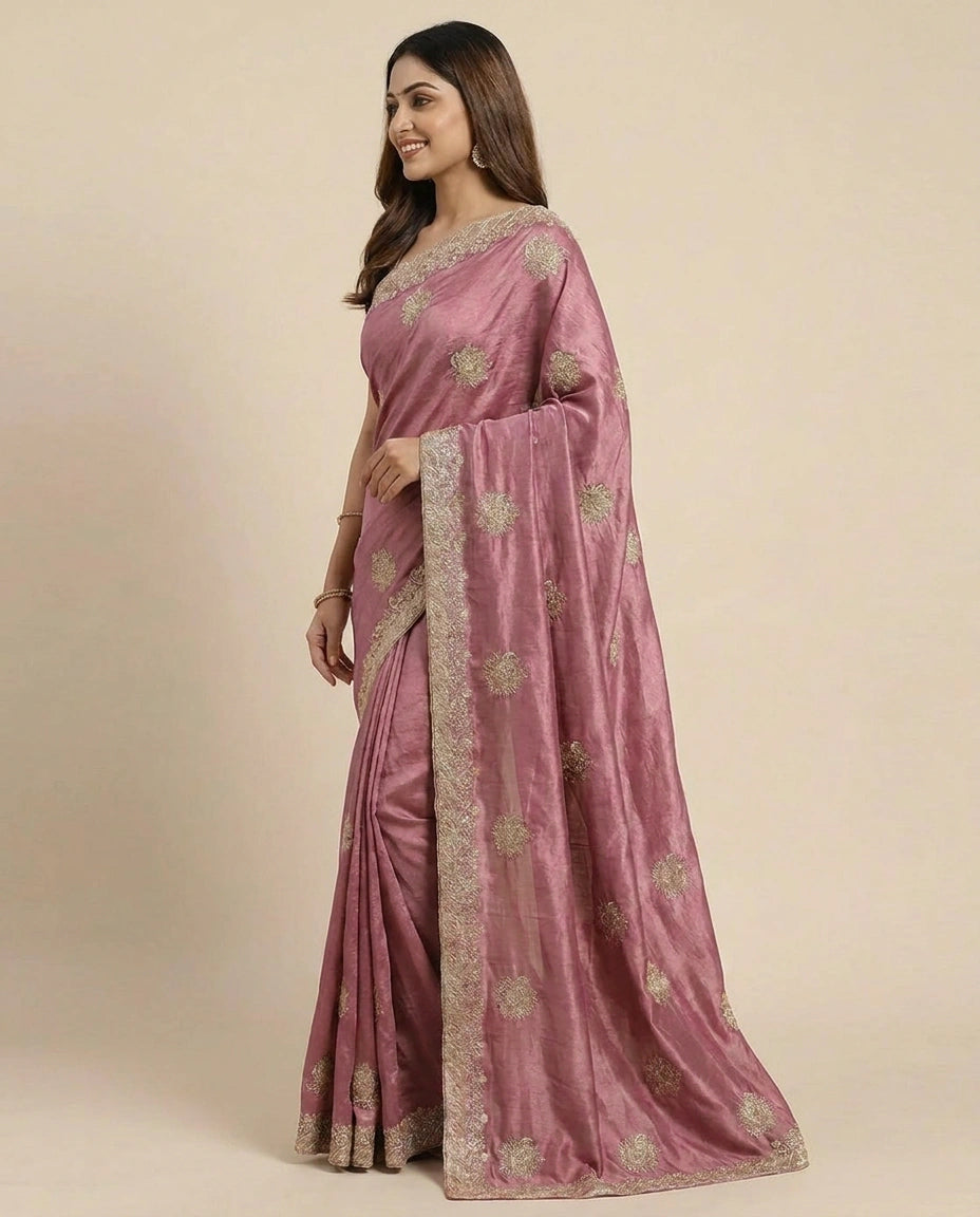 Chinon Embroidered Saree with Sequin and Floral Work - Rangoli India