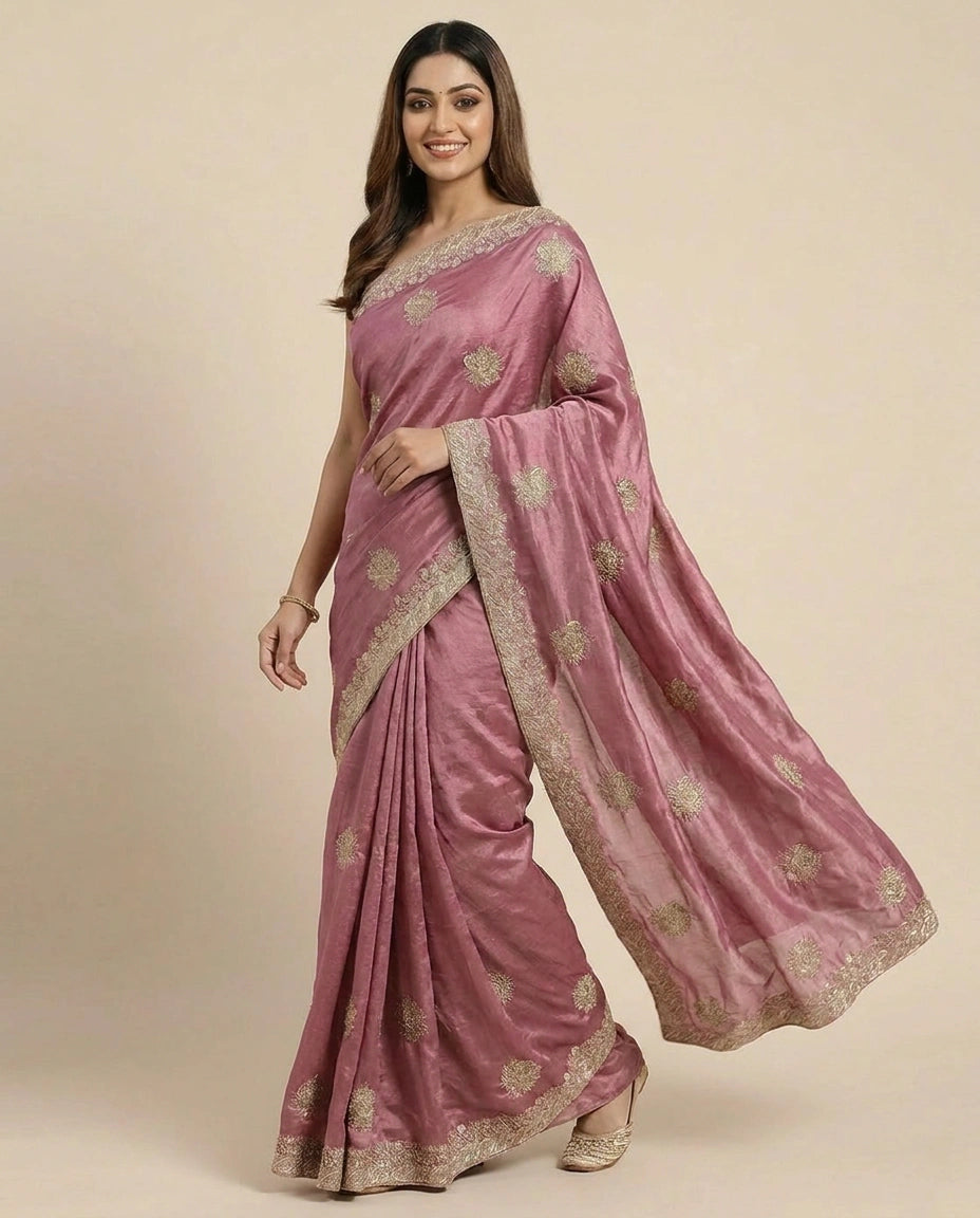Chinon Embroidered Saree with Sequin and Floral Work - Rangoli India