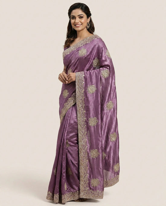 Chinon Embroidered Saree with Sequin and Floral Work - Rangoli India