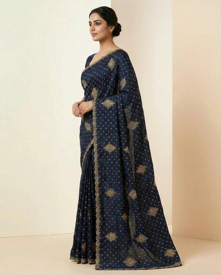 Fandy Tissue Saree with Hand-Embroidered Pallu and Border view 3