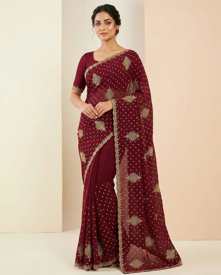 Fandy Tissue Saree with Hand-Embroidered Pallu and Border view 5