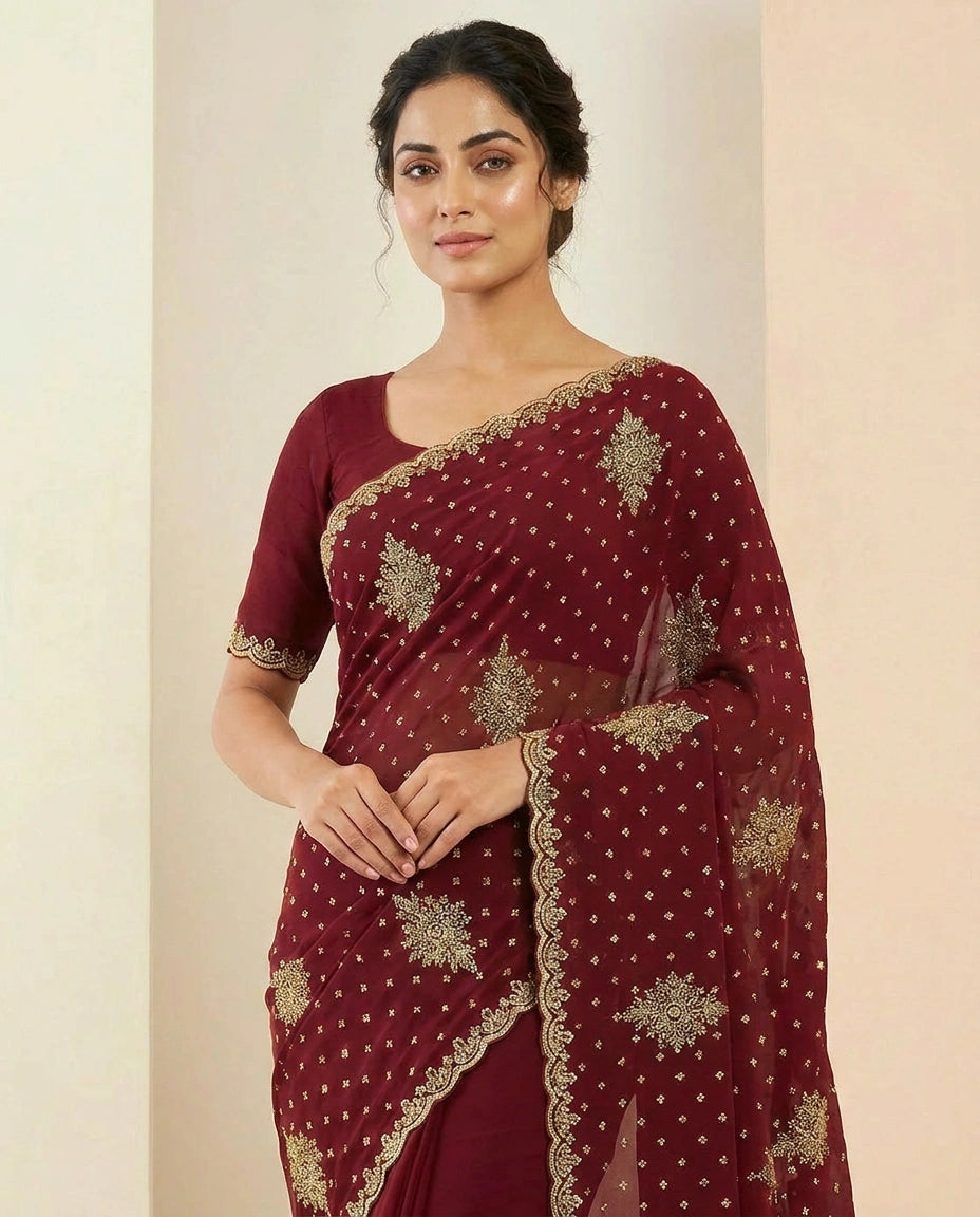 Fandy Tissue Saree with Hand-Embroidered Pallu and Border view 6