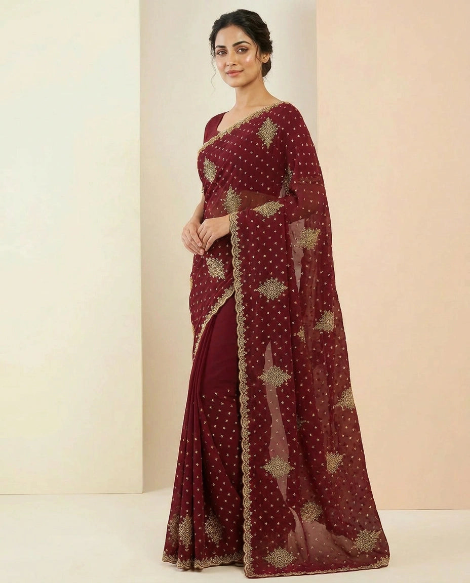 Fandy Tissue Saree with Hand-Embroidered Pallu and Border view 7