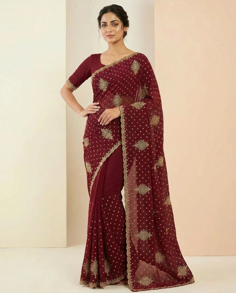 Fandy Tissue Saree with Hand-Embroidered Pallu and Border view 8
