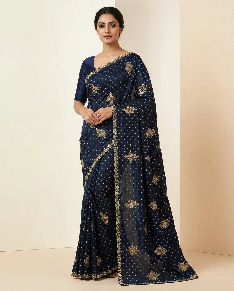 Peacock Blue Fandy Tissue Saree with Hand-Embroidered Pallu and Border