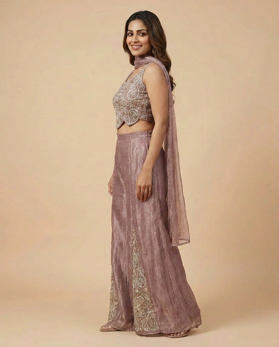Tissue Choli Short Palazzo Set with Floral Embroidery - Rangoli India