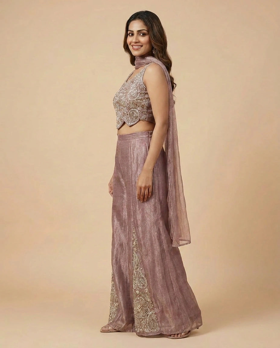 Tissue Choli Short Palazzo Set with Floral Embroidery - Rangoli India