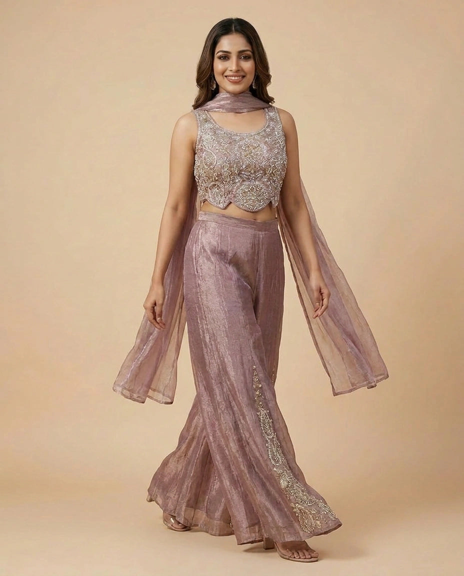 Tissue Choli Short Palazzo Set with Floral Embroidery - Rangoli India