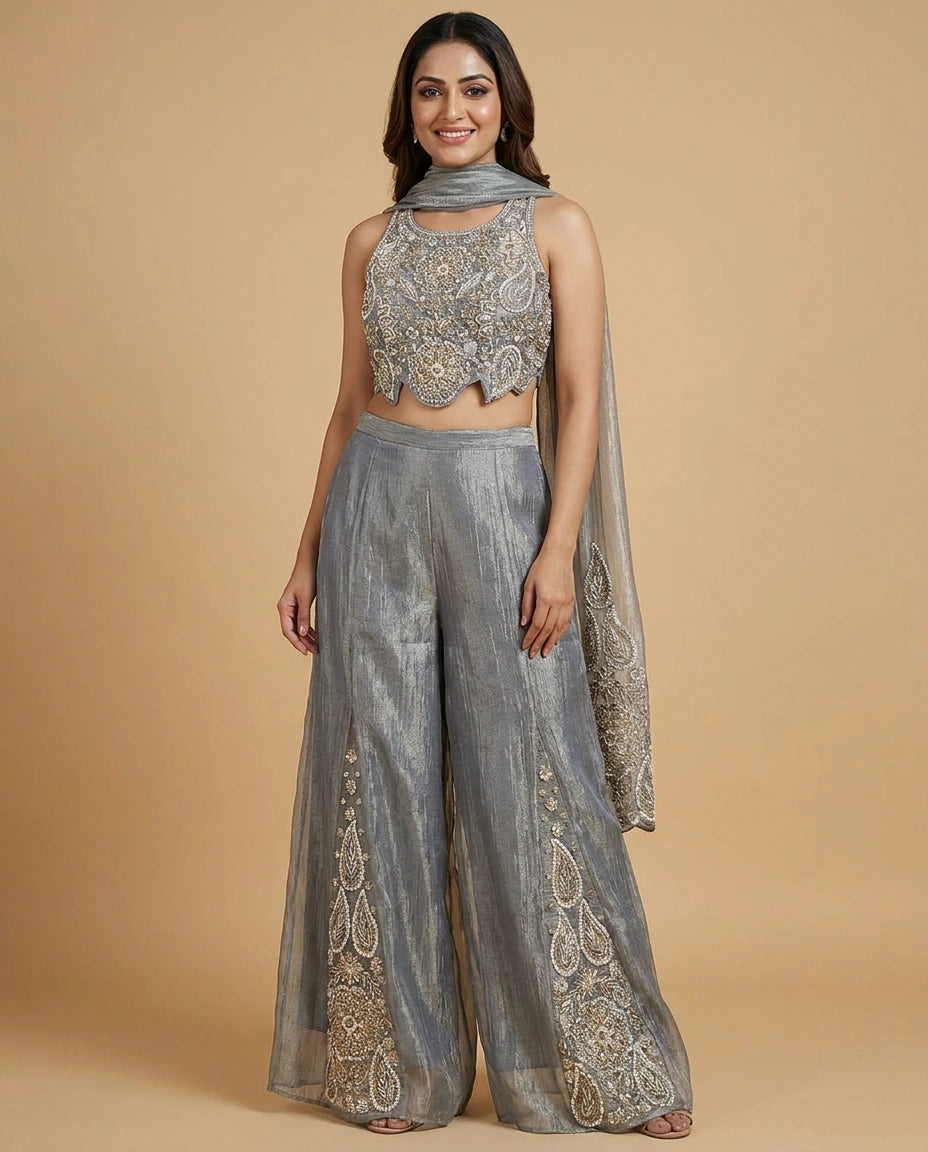 Tissue Choli Short Palazzo Set with Floral Embroidery - Rangoli India