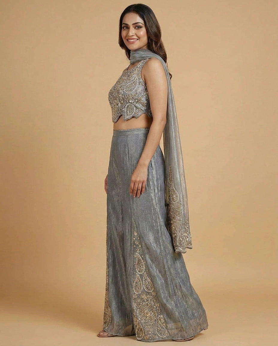Tissue Choli Short Palazzo Set with Floral Embroidery - Rangoli India