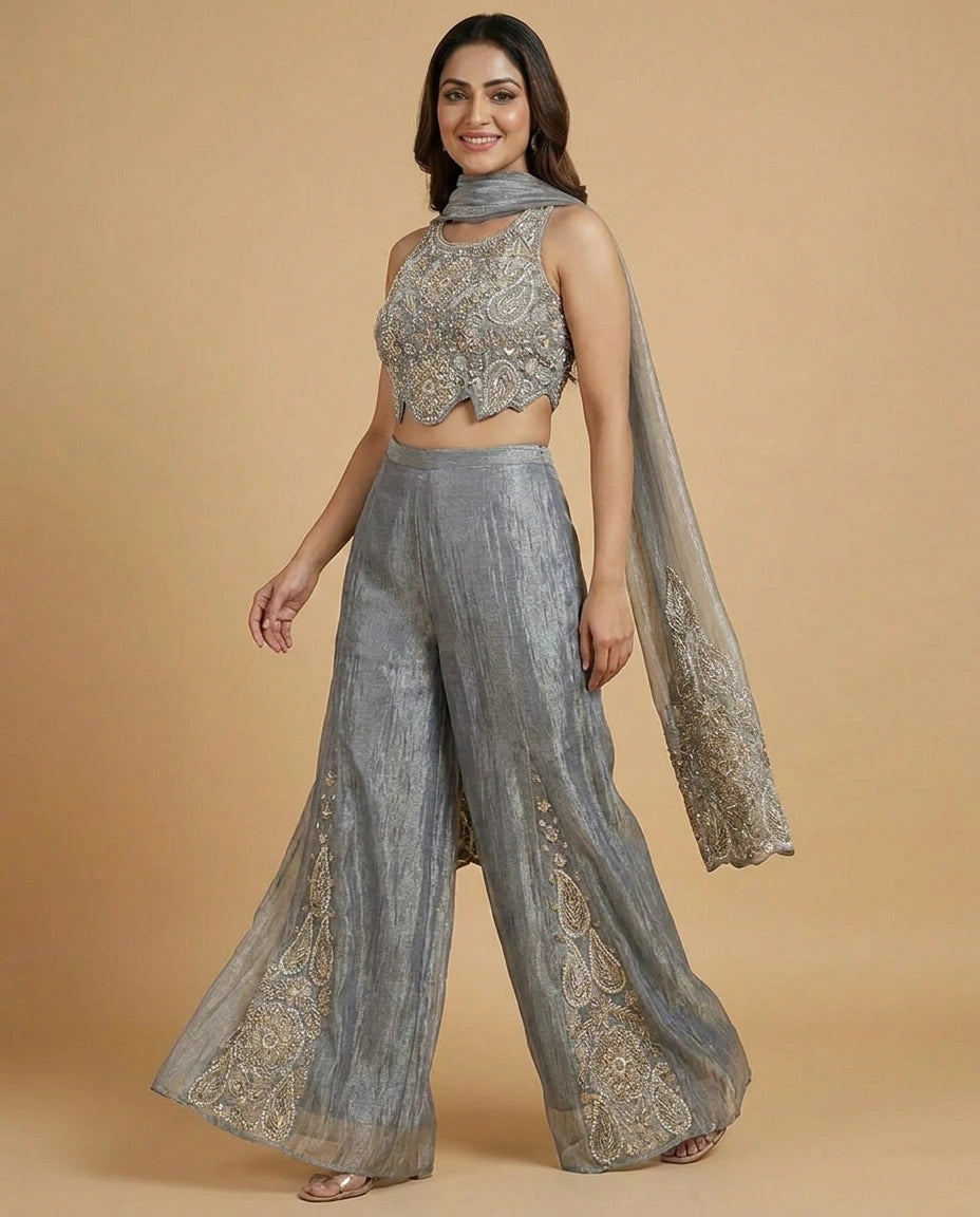 Tissue Choli Short Palazzo Set with Floral Embroidery - Rangoli India