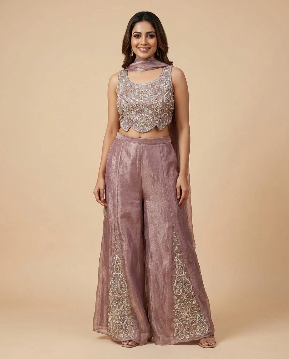 Tissue Choli Short Palazzo Set with Floral Embroidery - Rangoli India