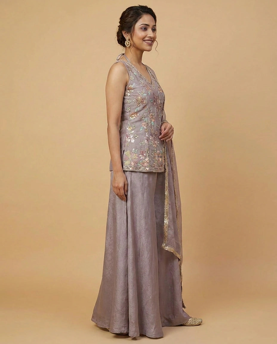 Tissue Long Choli Palazzo Set with Embroidered Detail - Rangoli India